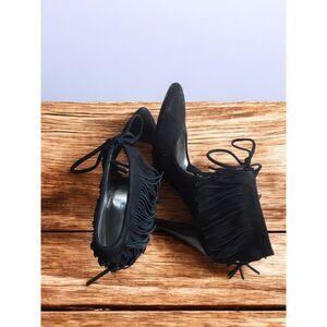 Calvin Klein Size 9M Black Suede Stiletto Lace Up Fringe Heels Statement Style